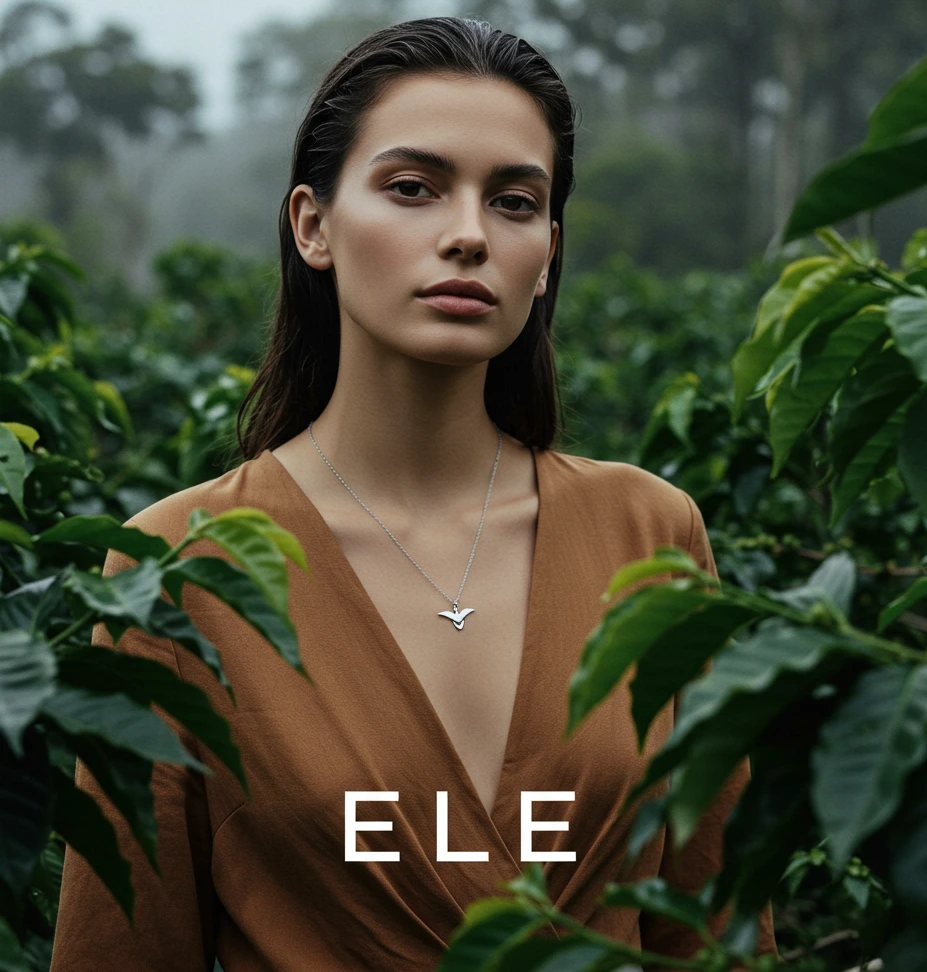 Model holding Ele Coffee product in a Coorg estate setting